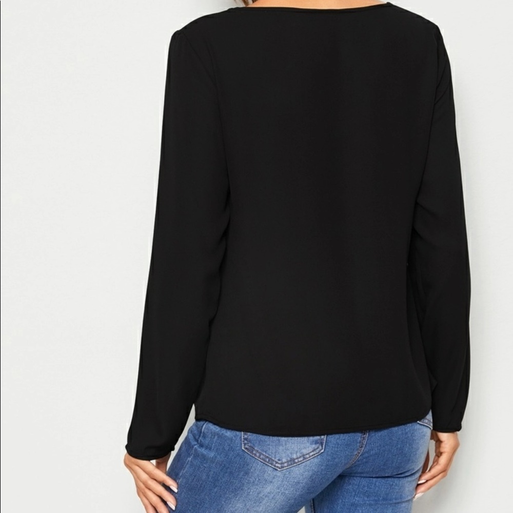 Long sleeve v neck strap top black tee 789482 - Picture 2 of 4